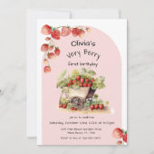 Vintage aardbeienbessen eerste 1e verjaardagsfeest kaart (Voorkant)