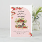 Vintage aardbeienbessen eerste 1e verjaardagsfeest kaart (Staand voorkant)