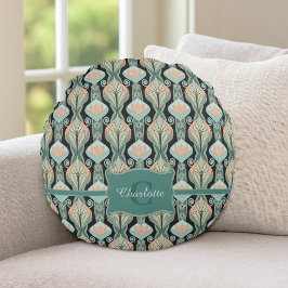 Vintage Abstract Botanisch Monogram Bloempatroon Rond Kussen
