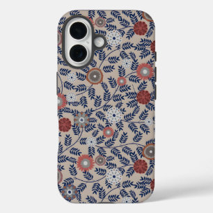 Vintage-achtige blauwe botanische patroonhoes-M iPhone 16 Hoesje