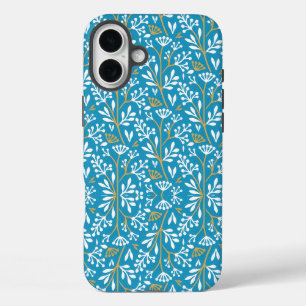 Vintage-achtige blauwe botanische patroonhoes-M iPhone 16 Plus Hoesje