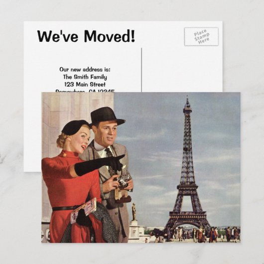 Vintage adreswijziging, toeristen in Parijs Aankondigingskaart (Voorkant / Achterkant)