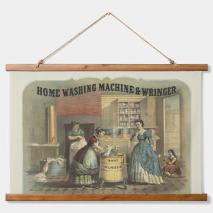 Vintage advertentie voor huiswasmachine en wringer hangend wandkleed