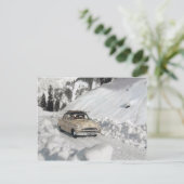 Vintage adverterene auto, de winterscène briefkaart (Staand voorkant)