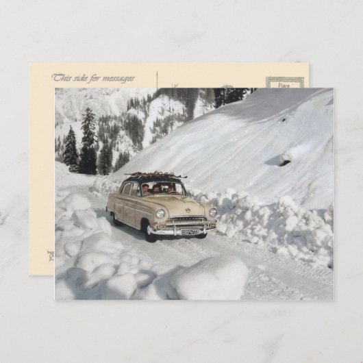 Vintage adverterene auto, de winterscène briefkaart (Voorkant / Achterkant)