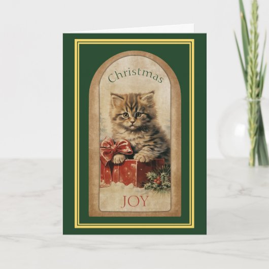 Vintage Afbeelding Tabby Kitten Kerstcadeau Kaart (Voorkant)