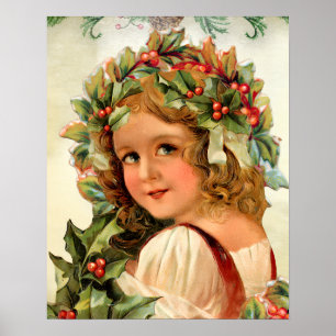 VINTAGE AFBEELDING VAN KERSTMEISJE MET HULST POSTER