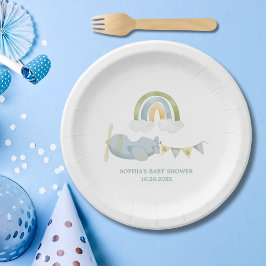 Vintage Airplane Rainbow Clouds Boy Baby Shower Papieren Bordje