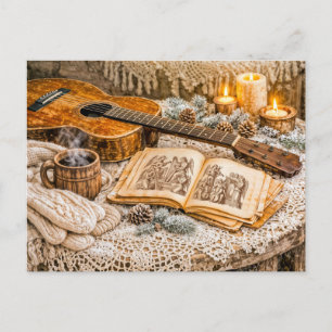 Vintage akoestische gitaar met kaarsen en knus win briefkaart