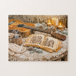 Vintage akoestische gitaar met kaarsen en knusse w legpuzzel