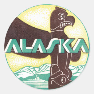 Vintage Alaska Reis Totempaal Adelaar Vogel Ronde Sticker