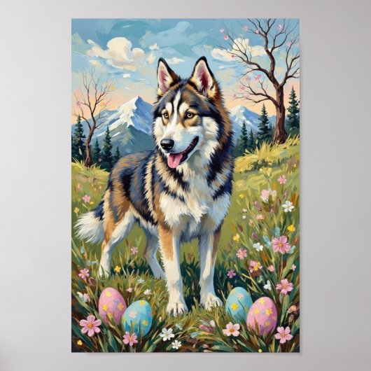 Vintage Alaskan Malamute Easter Spring Art Poster (Voorkant)
