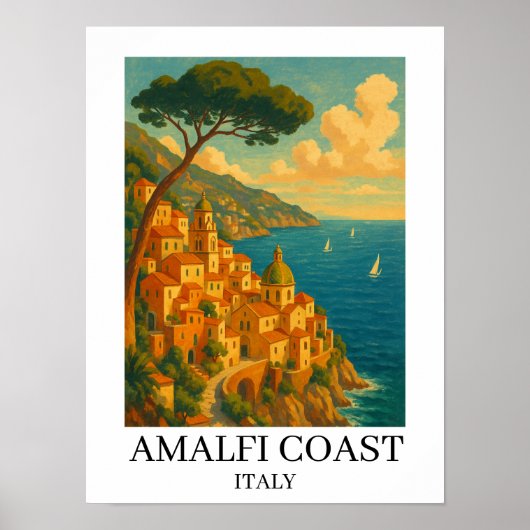 Vintage Amalfi Coast Italy Illustration Poster (Voorkant)