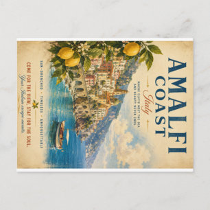 Vintage Amalfi-kust Italië Reisposter met Zon- Feestdagenkaart