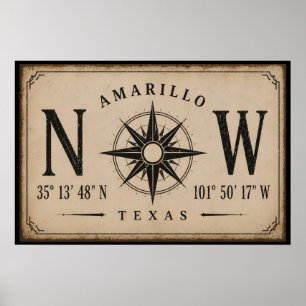 Vintage Amarillo Texas Coördinaten Kompas Poster