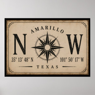 Vintage Amarillo Texas Coördinaten Kompas Poster