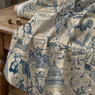 Vintage Americana Historische Collage Blauw ID1308 Stof