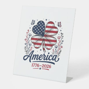Vintage Amerika 1776 2026 Patriottische Klaver Shi Reclamebord Met Voetstuk