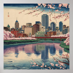 Vintage Amerika Boston Ma Stads Silhouet Ukiyo-Sti Poster