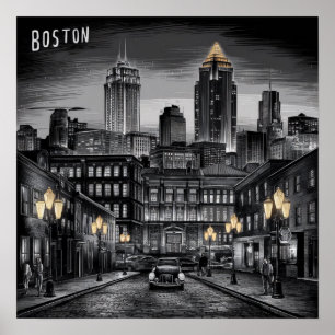 Vintage Amerika Boston Stadssilhouet, Boston Ma VS Poster