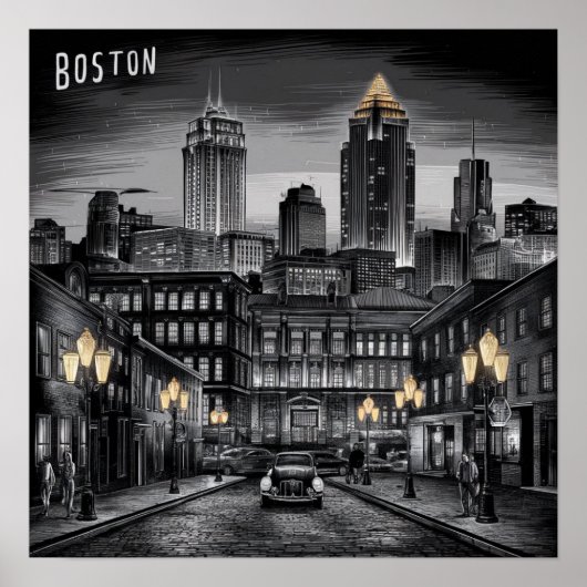 Vintage Amerika Boston Stadssilhouet, Boston Ma VS Poster (Voorkant)