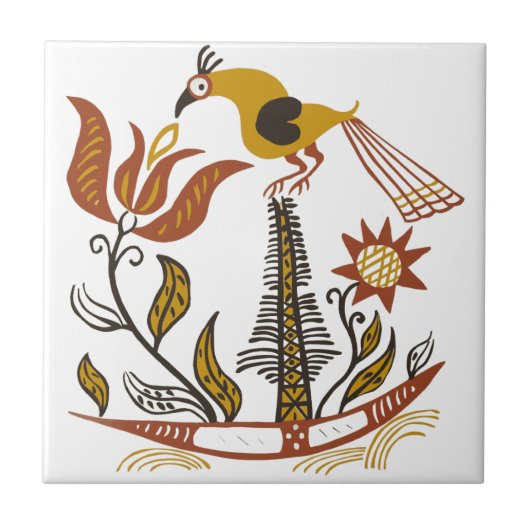 Vintage Amerikaanse Folk Art Tulp Vogel Aangepaste Tegeltje (Voorkant)