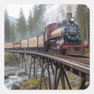 Vintage Amerikaanse patriottische trein op een spo Vierkante Sticker