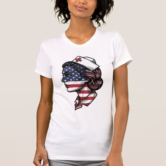 Vintage Amerikaanse Vlag Verpleegster Profiel Vect T-shirt (Voorkant)