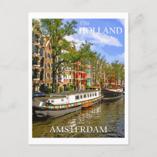 Vintage Amsterdam Nederland Canal Boat Travel Briefkaart