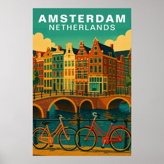 Vintage Amsterdam Netherlands Canals & Bicycle Poster (Voorkant)