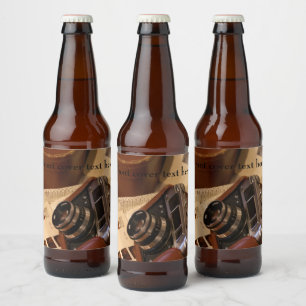 Vintage analoge camera in bruine leren tas bier etiket