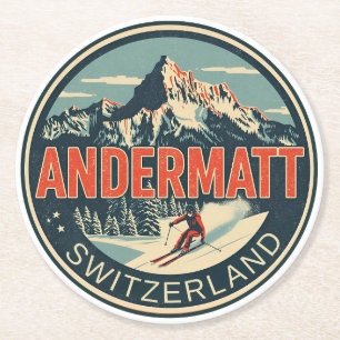 Vintage ANDERMATT skioord Zwitserland Zwitserse Al Ronde Kartonnen Onderzetter