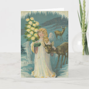 Vintage Angel Deer Snowy Winter Bossen Kerstmis Feestdagen Kaart