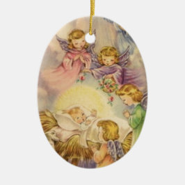Vintage Angels rond Baby Jezus Keramisch Ornament
