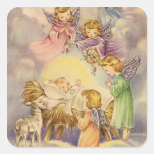 Vintage Angels rond Baby Jezus Vierkante Sticker