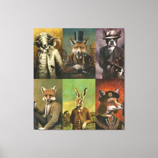 Vintage Animals In Clothes Montage Canvas Afdruk (Voorkant)