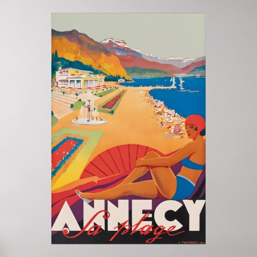 Vintage Annecy Reisposter Print, La Plage Poster (Voorkant)