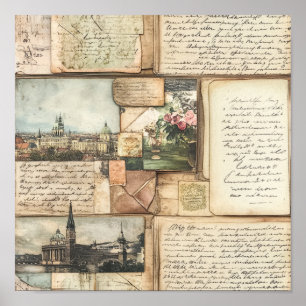 Vintage ansichtkaartcollage met Europese brieven Poster