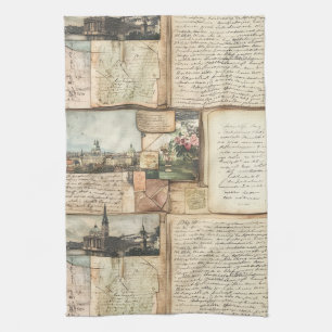 Vintage ansichtkaartcollage met Europese brieven Theedoek