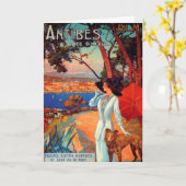 Vintage Antibes Cote D'Azur Woman & Dog Kaart (Gele Bloem)