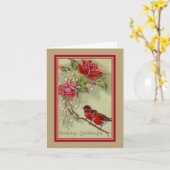 Vintage antiek verjaardagsgroeten, robins, rozen kaart (Gele Bloem)
