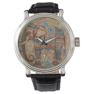 Vintage, Antique Elephant,Batik Pattern Horloge