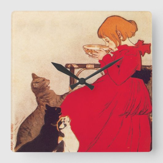 Vintage Antique Girl Milk Cats Theophile Steinlen Vierkante Klok (Voorkant)