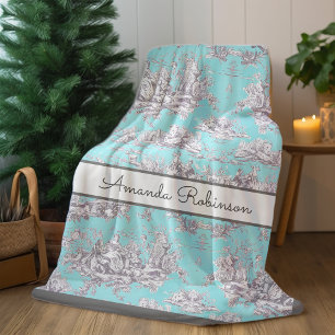 Vintage Aqua Blauwe Bloemrijke Meer Toile De Jouy Fleece Deken