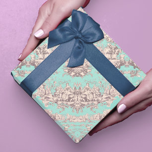 Vintage Aqua Blauwe Bloemstuk Toile Cadeau Inpakpapier Vel