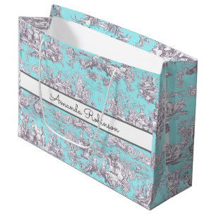 Vintage aqua blauwe toile bloemend monogram groot cadeauzakje