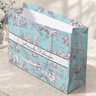 Vintage aqua blauwe toile bloemend monogram groot cadeauzakje