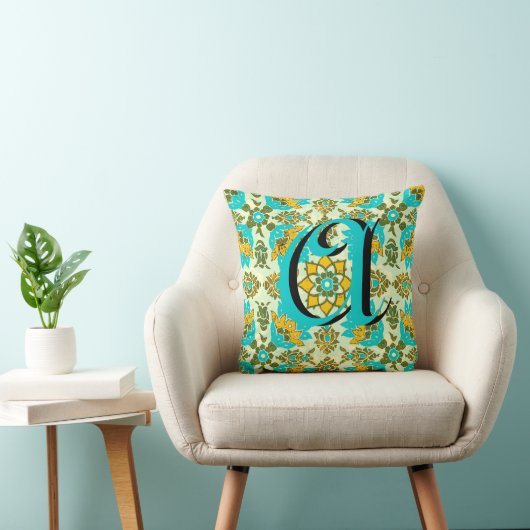 Vintage aqua geelgroene bloemrijke monogramkussen kussen (Stoel)