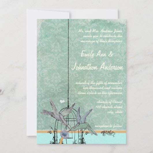 Vintage Aqua Love Bird Birdcage Wedding Invitation Kaart (Voorkant)