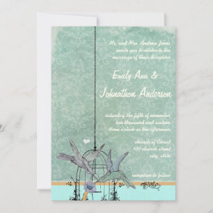 Vintage Aqua Love Bird Birdcage Wedding Invitation Kaart